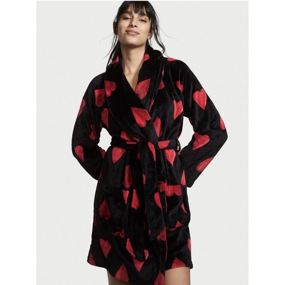 Victoria's Secret Plush Robe Hearts Black Red M/L Valentines Day NWT - Picture 4 of 6